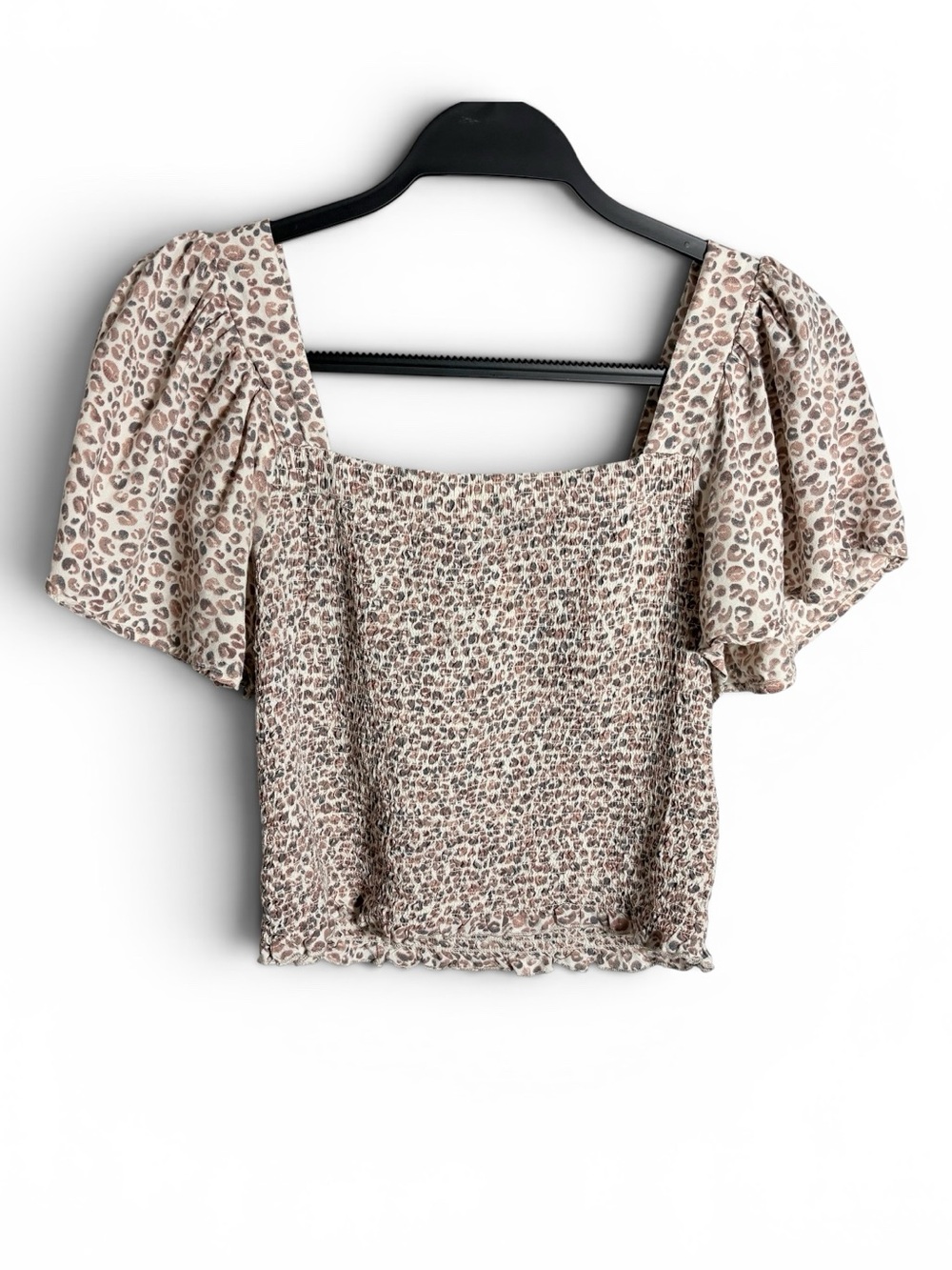Japna Animal/lepoard Print Smocked Bodice Crop Short Sleeve Top
